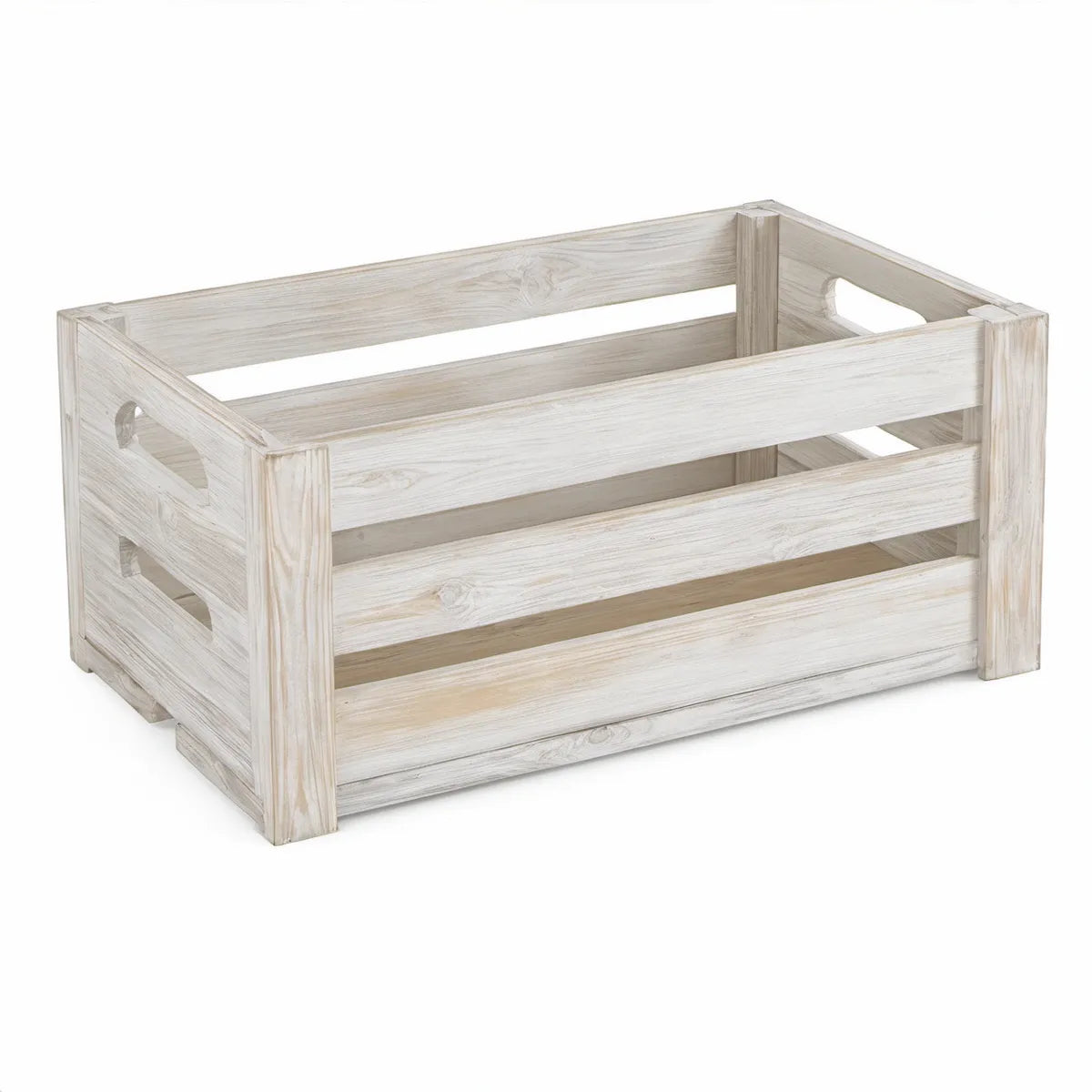 Whitewashed Solid Paulownia Wood Rectangular Planter Crate with Handles, 19.7 x 11.8 x 10.2 in
