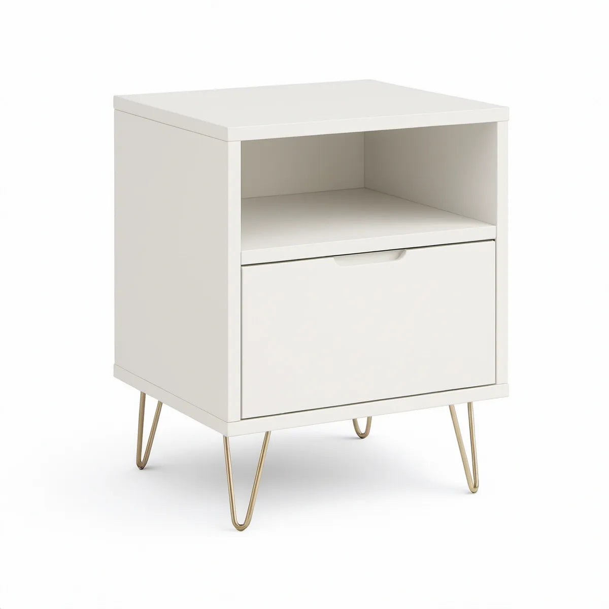 White MDF Nightstand with Drawer, Open Shelf and Gold Steel Hairpin Legs, 18 x 16 x 24 in
