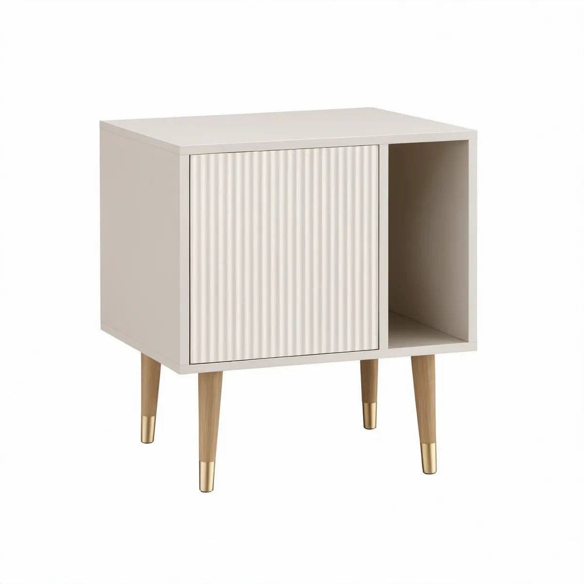 White Nightstand Cabinet with Fluted Door, Open Shelf, Natural Oak Legs and Gold Caps, 19.7 x 15.7 x 24 in