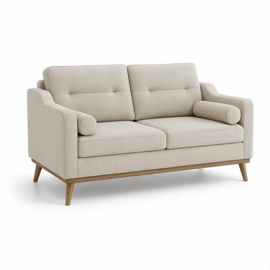 Beige 2-Seat Loveseat Sofa with Brown Rubberwood Legs, 63 x 35 x 34 in
