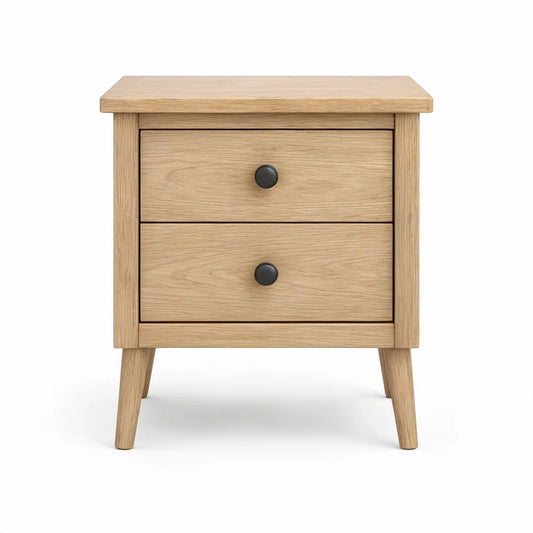2-Drawer Natural Oak Wood Bedside Table with Black Handles, 24 x 16 x 27 in