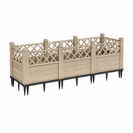 Taupe and Black 3-Compartment Raised Planter with Lattice Trellis, 120 x 40 x 142 cm
