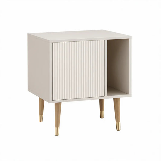 White Nightstand Cabinet with Fluted Door, Open Shelf, Natural Oak Legs and Gold Caps, 19.7 x 15.7 x 24 in