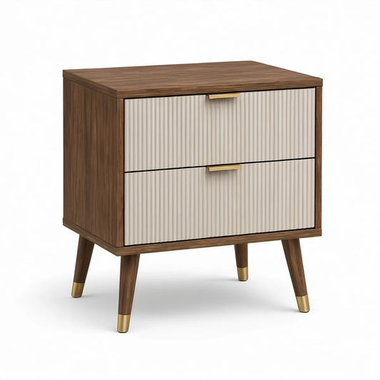 2-Drawer Walnut, Cream and Gold Engineered Wood Nightstand, 23.6 x 17.7 x 25.6 in