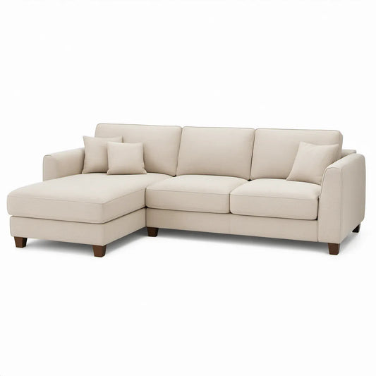 105 in Cream L-Shaped Sectional with Left-Facing Chaise and Dark Brown Wood Legs